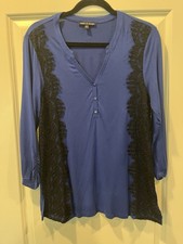 Women's Long Length Blue With Black Lace V Neck 3/4 Sleeve Blouse Size Medium