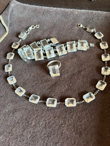 Vintage 3 pc sterling silver rock crystal necklace bracelet ring Japan