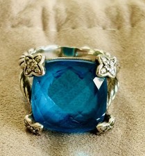 David Yurman 14mm Cushion on Point Ring with Blue Topaz Diamonds Size 6