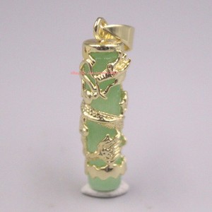 Authentic Gold Plated Dragon Heated Green Jade Column Pendant 1.42inch H