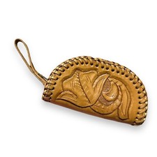 Western Leather Tooled Zip Coin Purse Floral Design 4" Brown Wallet