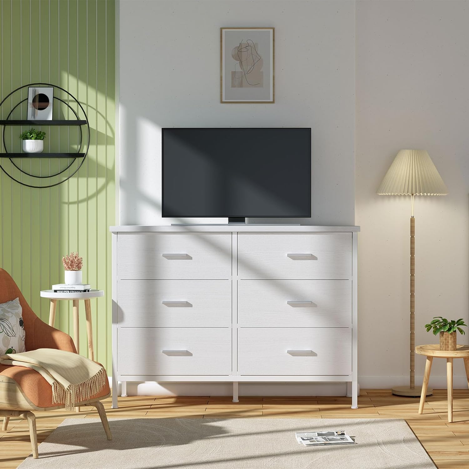 White Dresser for Bedroom 6 Drawer,Wide Dresser TV Stand for 50" TV