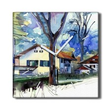 Image of Silent Wall Clock Canvas 30x30 Painting Abstract Watercolour Trees Houses