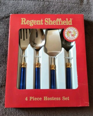 Regent Sheffield 4 Piece Hostess Set Silver Blue Gold Stainless Steel NOS