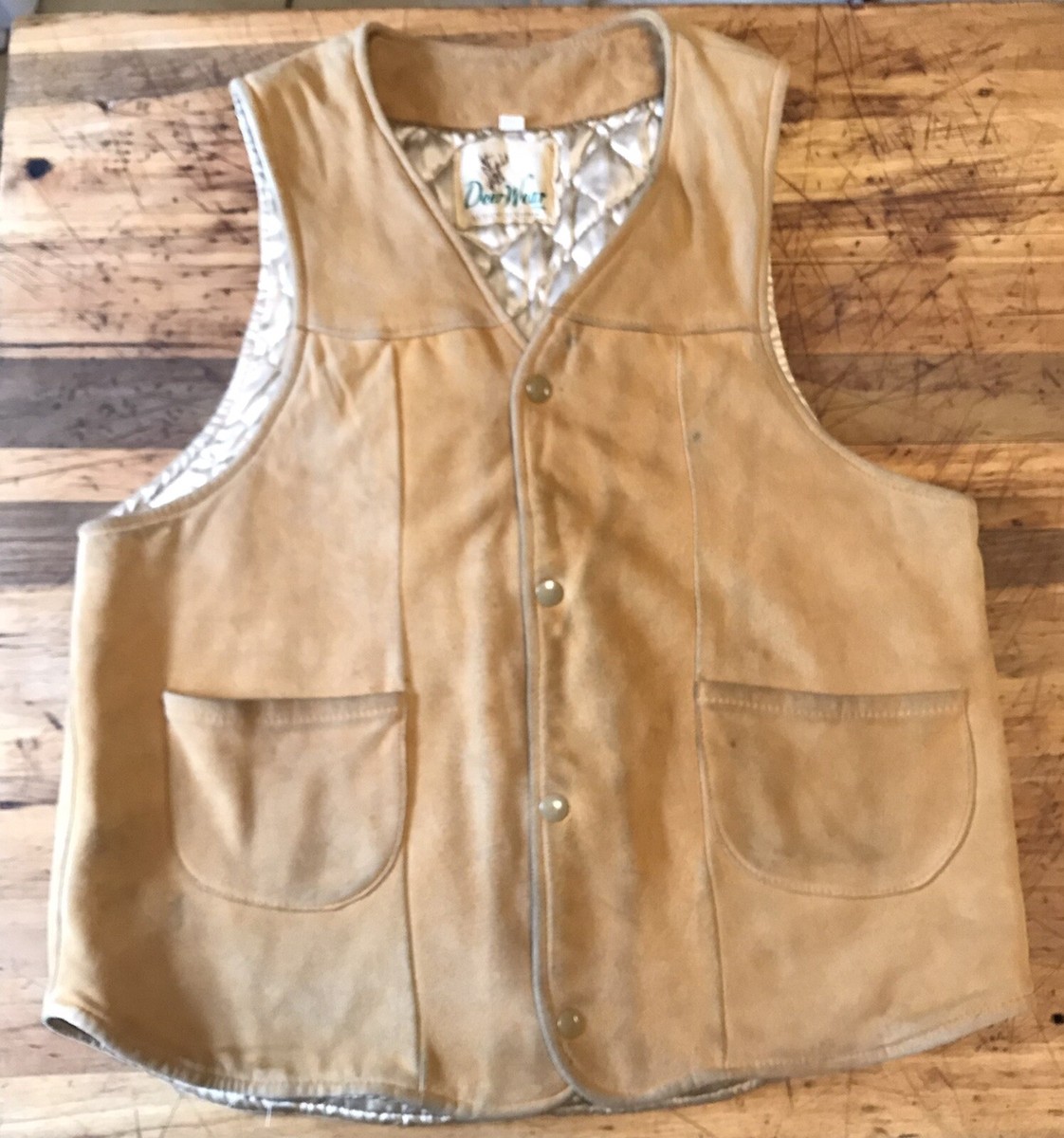 Vintage Deer Wear Genuine Leather Vest Quilted Lining Size 42 Distressed