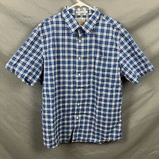 L.L. Bean Slightly Fitted Mens L Blue Short Sleeve Button Up Plaid Shirt Pocket