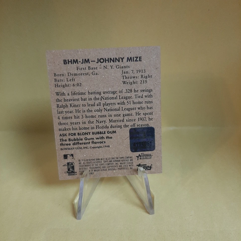 Bowman Heritage Johnny Mize 2001 asiento de suelo polo original #BHM-JM Foto 2 de 2