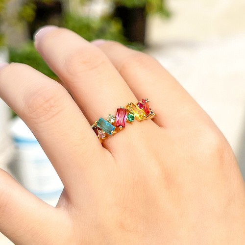 Colorful Oval Cubic Zircon CZ Yellow Gold Plated Rainbow Ring Costume Jewellery - Bild 11 von 20