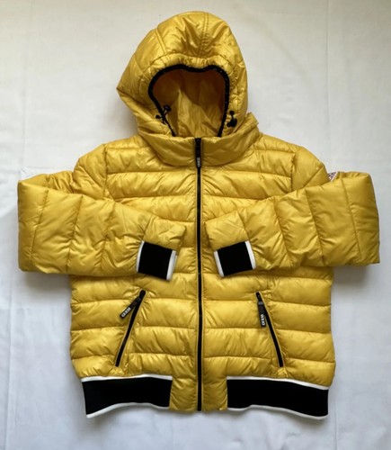 GUESS Women’s Hooded Puffer Jacket Bright Yellow Size L Black/White Trim - Picture 23 of 24