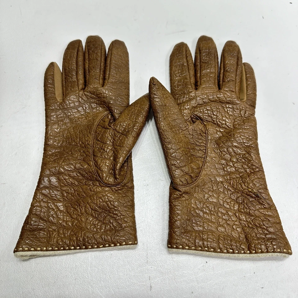 Guantes Mujer 6.5 Marrón Arrugado Texturizado Recubierto Algodón Forrado Muñeca Puntada Superior Foto 2 de 4