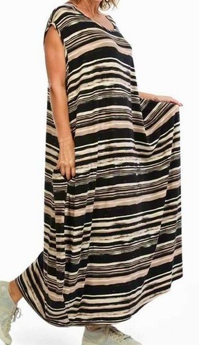 PLUS SIZE BLACK/MULTI STRIPED PATTERNED BALLOON LONGLINE DRESS UK Size 26-28 - Picture 5 of 6