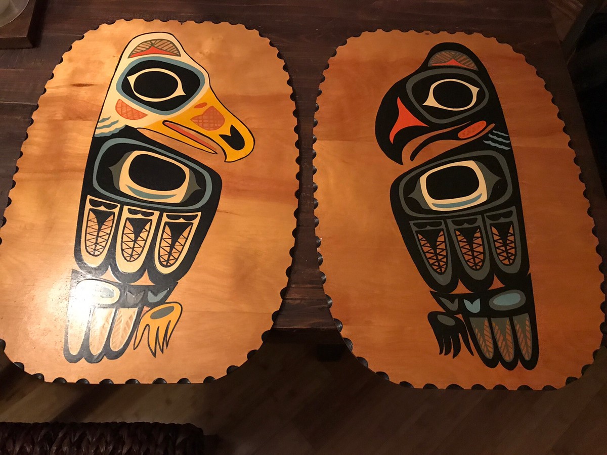 Pair Tlingit Painted Cedar Totemic Panel's “Raven & Eagle” Juneau