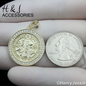 Authentic MEN 925 STERLING SILVER ICY CZ GOLD PLATED SAINT BENEDICT ROUND PENDANT*AGP454