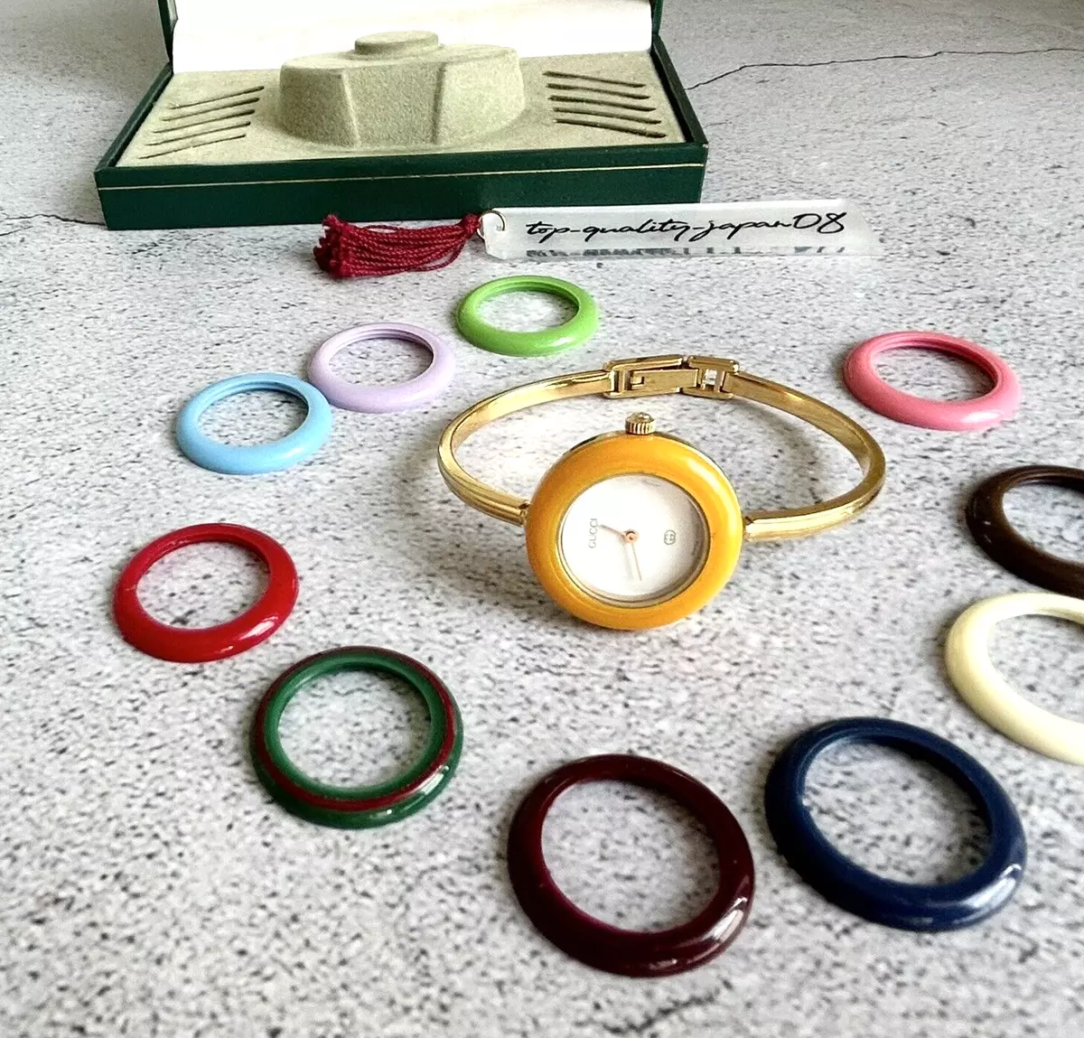 Auth Gucci Change Bezel 11 12 Colors White/Gold Women Watch in Box