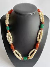 Vintage Pearls & Gems Stones Multicolored Necklace 18”L  Agate, Cornelian