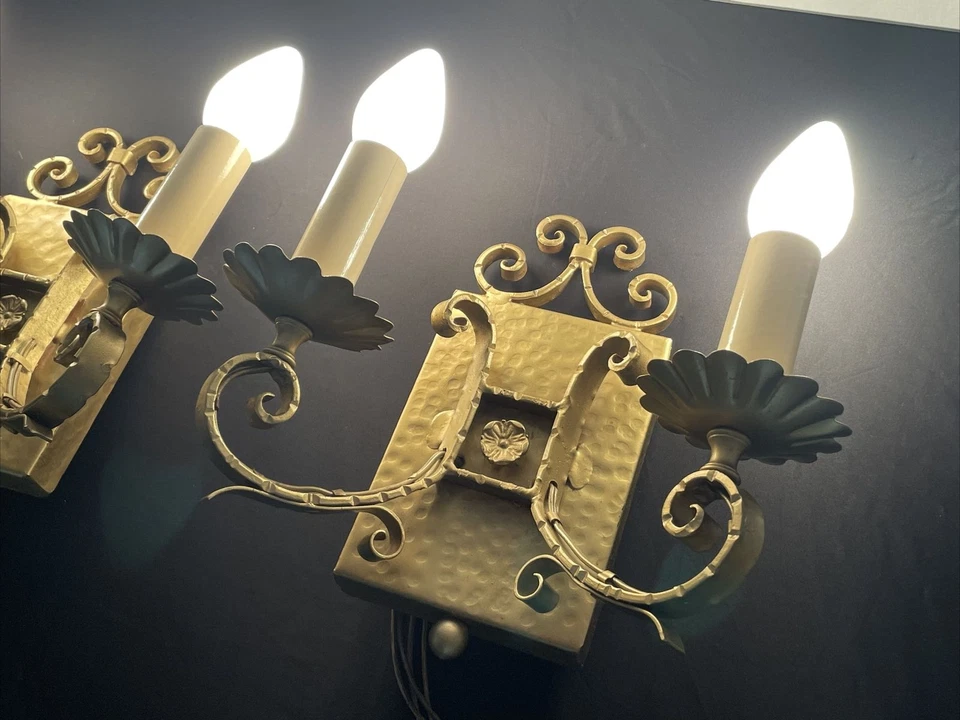 REWIRED Pair Antique Vtg Wall Sconces Arts & Crafts Deco Mission Gothic Gold - Image 2 of 4