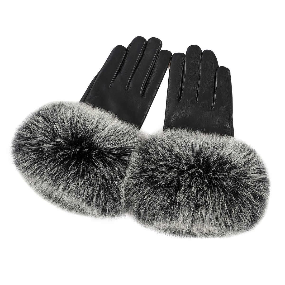 Luxury Winter Set - Lambskin Leather Gloves with Fox Fur Cuffs & Knitted Beanie Women Genuine Lambskin Leather Gloves With Real Fox Fur Trim  main image 3
