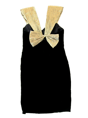 gold dress with black bow Mac Duggal Sequin Column Gown With Faille Bow