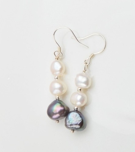 Real Natural 8-9mm White Freshwater Baroque Pearl 925 Silver Hook Drop Earrings - Picture 3 of 12