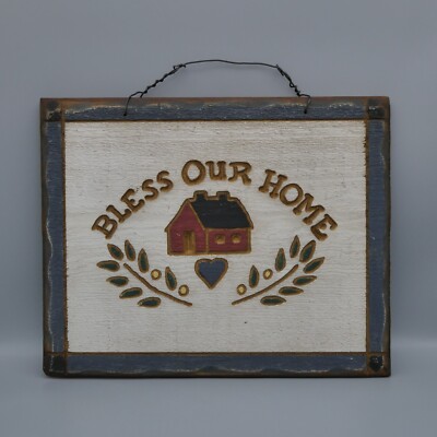 Vintage Retro ''Bless Our Home'' Plaque Sign Wooden Rustic Farmhouse Blue 11x14