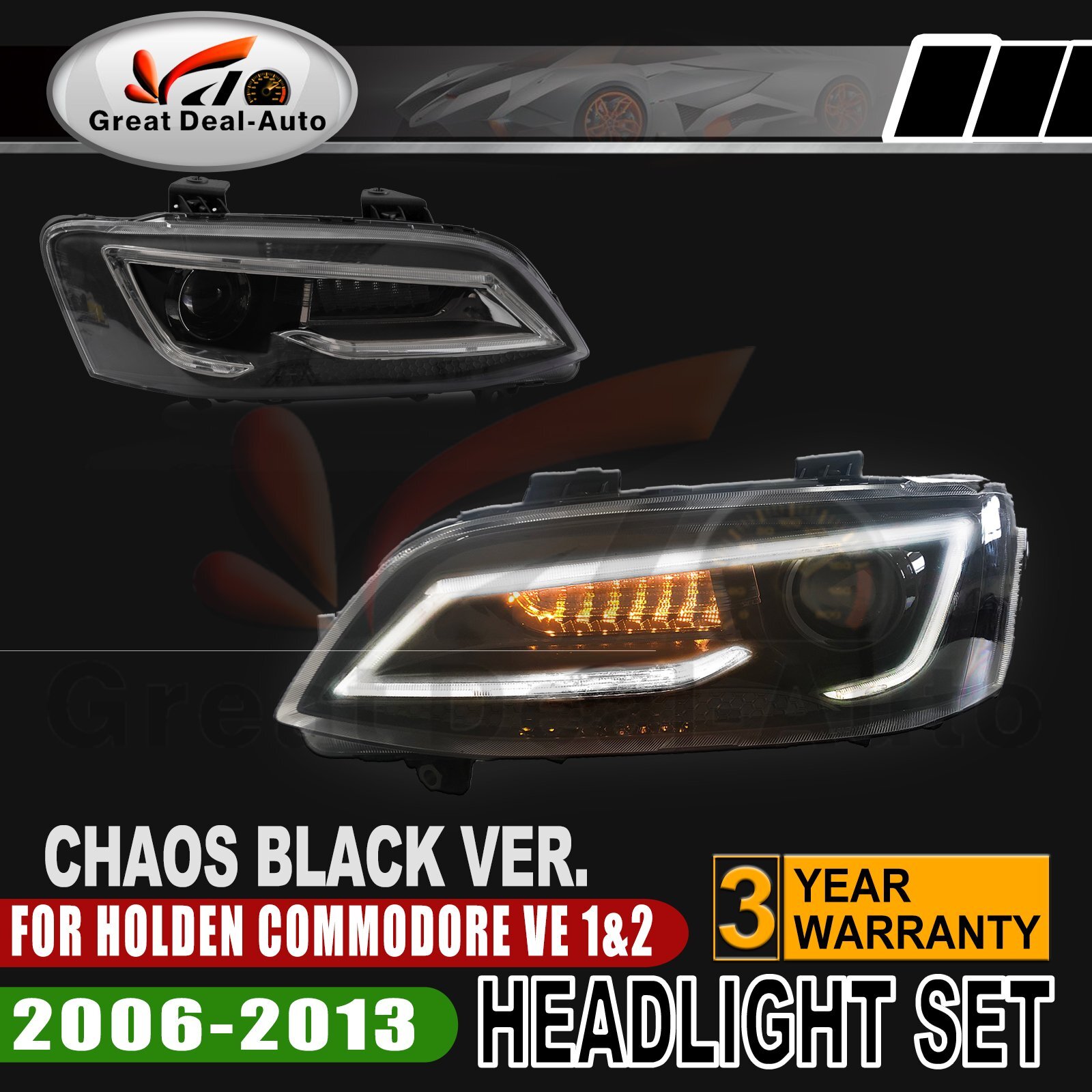 Chaos Black For Holden Commodore VE 1&2 Sedan 2006-2013 LED DRL Head ...