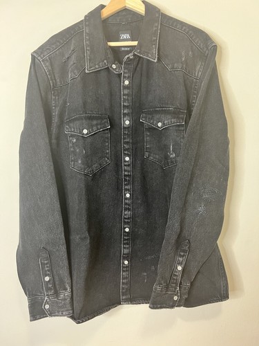 Zara Black Denim Jacket Distressed Sz 