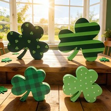 Wooden Shamrock St. Patrick's Day Decorations, Set of 4 Green Clover Tiered T...
