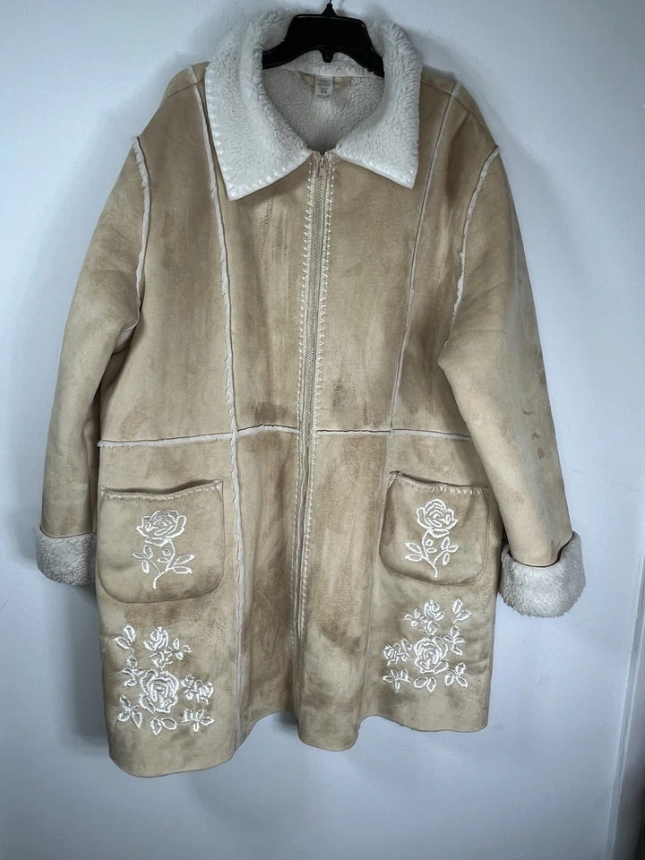faux leather jacket y2k vintage beige microsuede sherpa embroidered boho Coat - Image 2 of 4