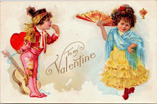 Valentine Greetings Costumed Kids Flamenco Dancer Musician Guitar Fan Shawl Z683