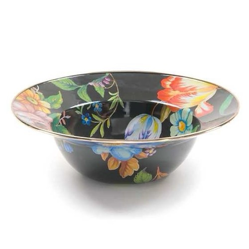 Enamel Serving Bowl, Enamel Serveware Bowl, 12 Inches, Black Flower Market’
