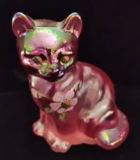 Vintage Fenton Glass Cat Iridescent Luster Pink Handpainted Signed - Preowned