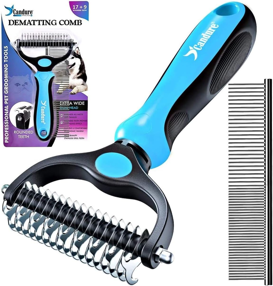 Candure Double Sided Dematting Comb 17+9 Teeth Dog Cat Grooming Deshedding Tool