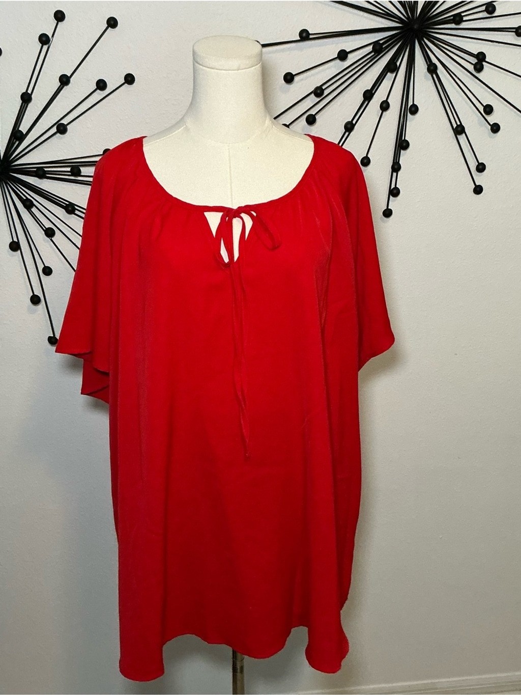 Red Chiffon Flutter Sleeve Tunic Blouse Tie Neck Plus Size 4X