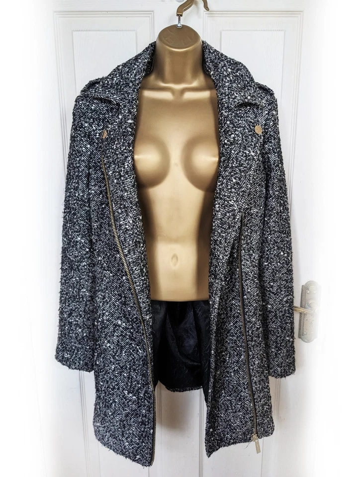 LIPSY Black & White Mottled Wool Blend Asymmetric Zip Coat, size 12 - VGC - Image 4 of 4