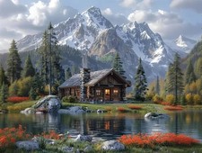 Diamond Art Kit Mountain Scene, Diamond Painting Kits for Adults Cabin Mountains