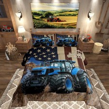 Blue Tractor Bed Comforter Set Queen Size,Rustic Farmhouse Style Super Soft M...