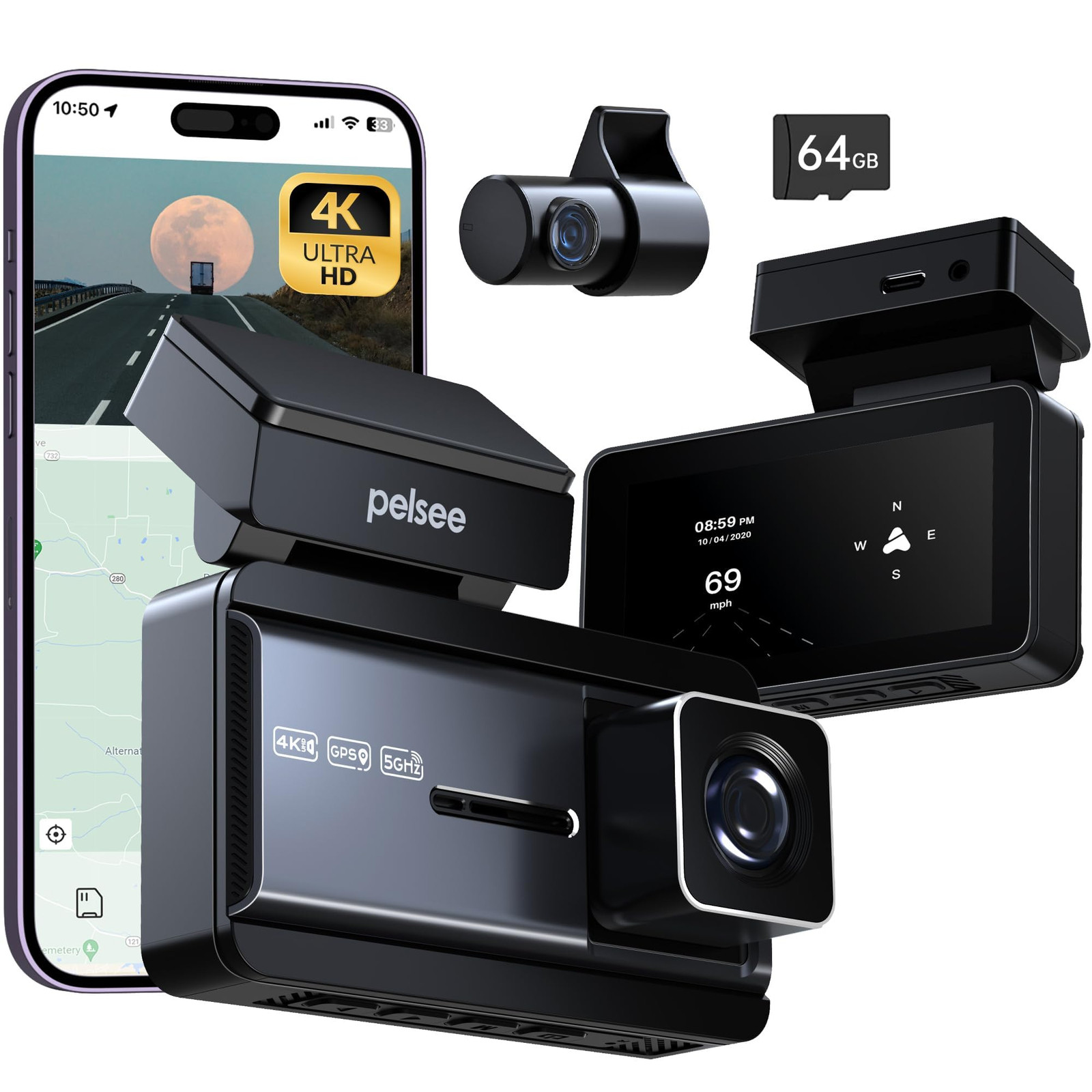 P3 4K Dual Dash Camera with Front and Rear Views, 64GB SD Card Included