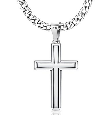 925 Sterling Silver Cross Necklace Men - Beveled Edge Cross Pendant with 5mm ...