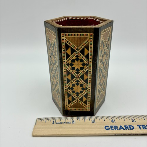 Wood Marquetry Inlay Pencil Pen Holder Hexagon Desk Office Vintage Syria - Picture 10 of 10