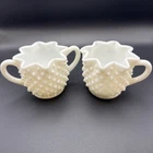 Vintage Fenton Hobnail White Milk Glass Crown Sugar and Creamer Crimped Edge