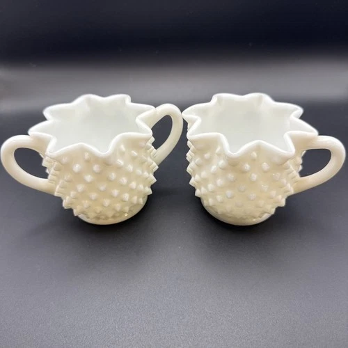 Vintage Fenton Hobnail White Milk Glass Crown Sugar and Creamer Crimped Edge