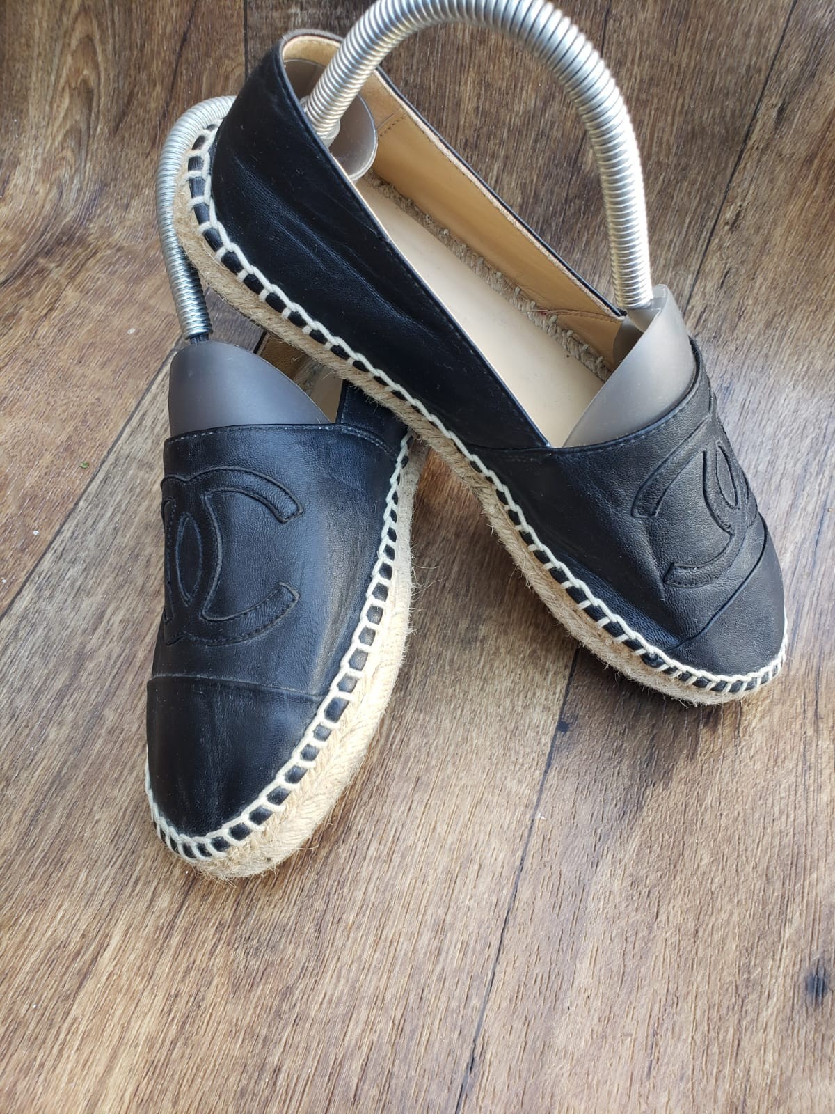 Authentic CHANEL Black Leather Lambskin CC Logo Espadrilles Flats