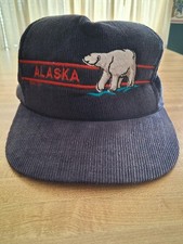 Vintage 80s Corduroy Alaska Bear Cap Snapback Red, Blue and White Embroidered
