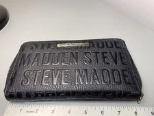 Steve Madden Logo Zip Around Wallet (No Wristlet ) Embossed Black Gold
