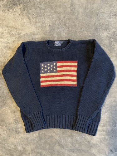 Vintage Polo Ralph Lauren American Flag Knit Cotton Sweater Boys Sz Medium Blue
