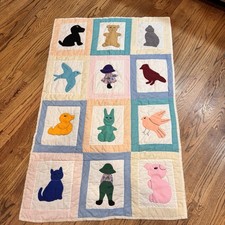 Vintage Handmade Applique Baby Quilt Animals Pastel Nursery Blanket 56x36