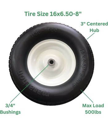 Marathon 3'' Hub, 3/4'' Bushings 16X6.50-8'' Flat Free Lawnmower Tire on Wheel NEW