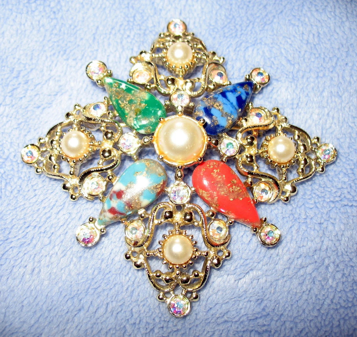Vintage Sarah Coventry Signed Square Brooch Pin AB Crystals Gemstone Cabs