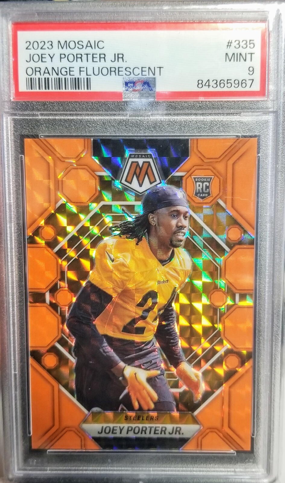 2023 Panini Mosaic Joey Porter Jr. #335 Orange Fluorescent PSA 9 Steelers #23/25