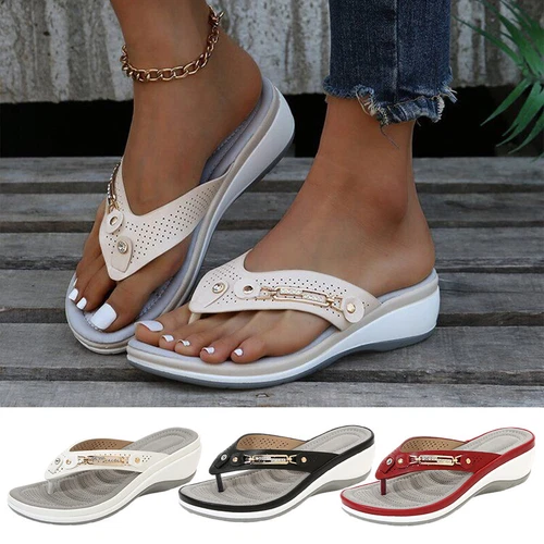 Ladies Arch Support Casual Sandals Soft Flip Flops Low Wedge Womens Shoes Size - Picture 5 of 19